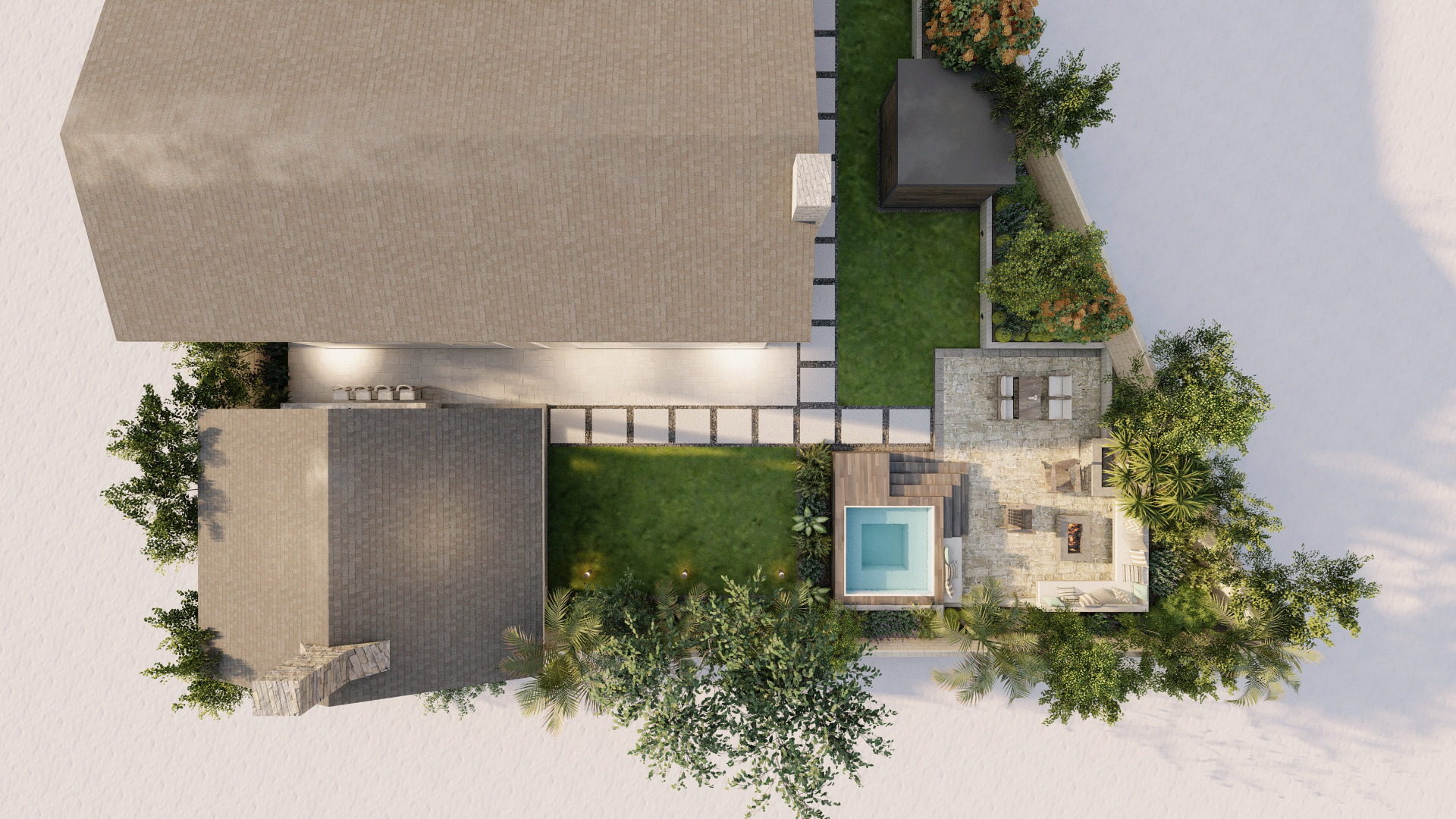 3D aerial backyard with spa, patio, and plantings
