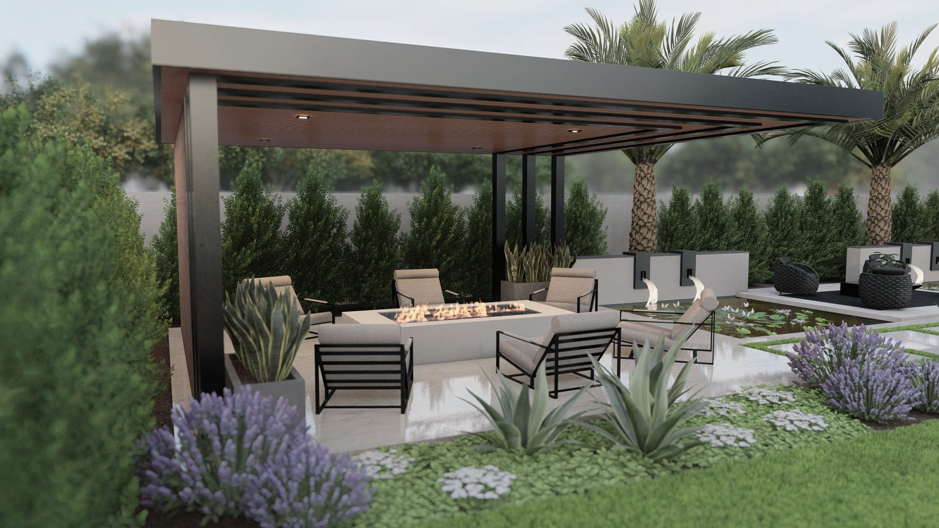 3D fire pit lounge with drought plantings
