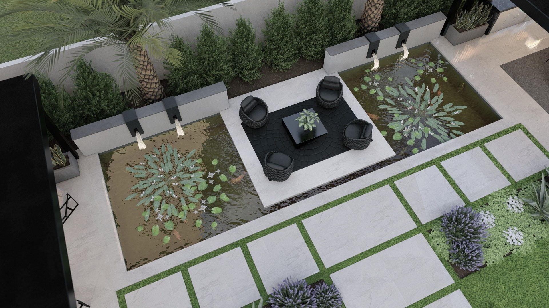 3D courtyard with water and cream pavers